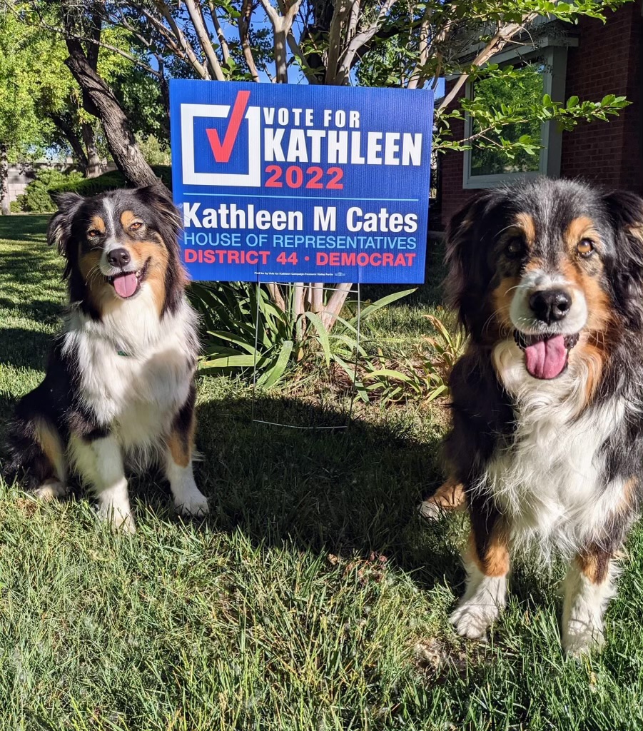 Two dogs in front of Kathleen sign